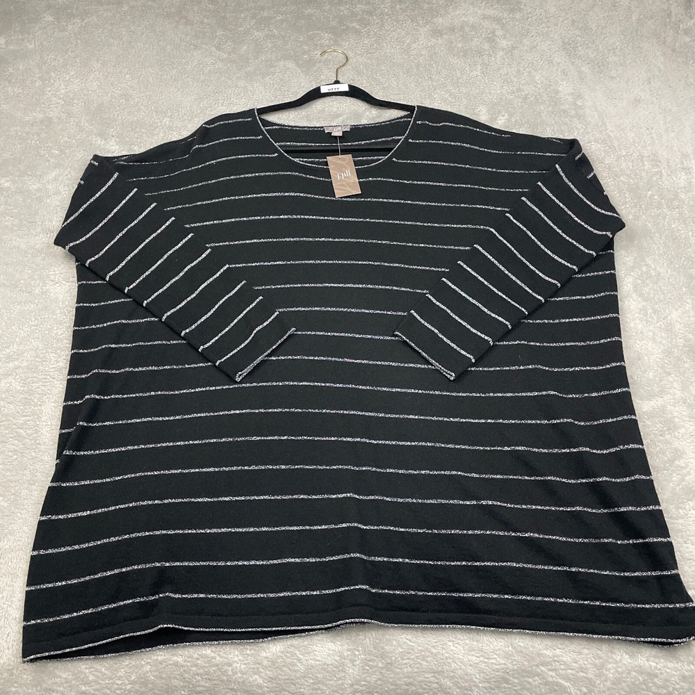 J. Jill Wool Blend Tunic Top Women L Black Silver Striped Angora 3/4 Sleeve Boxy